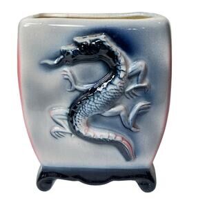 Vintage 60s Blue Red Kimono Dragon Asian Ceramic Planter Vase MCM